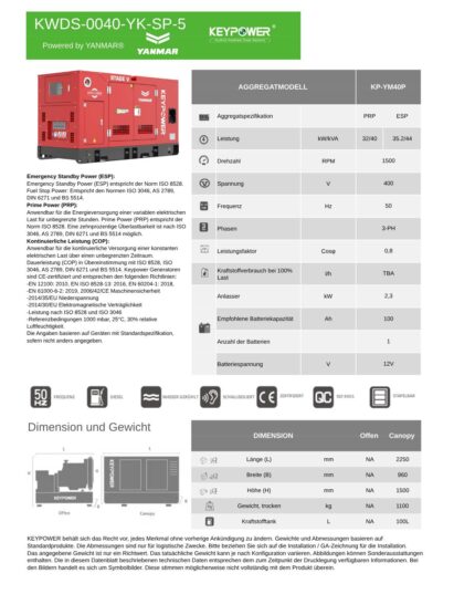 Stromerzeuger KWDS-0040-YK-SP-5 KEYPOWER 40KVA Stage 5