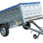 Anhänger mit faltbarer Deichsel GARDEN TRAILER 230 KIPP mit zusätzlichen Bordwänden, Stützrad und blauer Flachplane