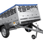 Einachsanhänger 200×125 UNITRAILER GARDEN 201 KIPP mit Gitterseitenwänden, H-0-Rahmen und blauer Plane